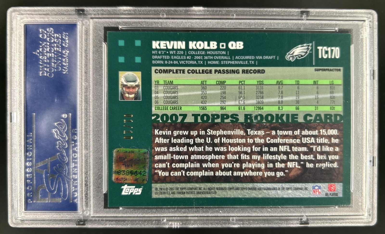 2007 Topps Chrome Kevin Kolb RC Auto Gold Superfractor Uncirculated #/10 PSA 10 view 2