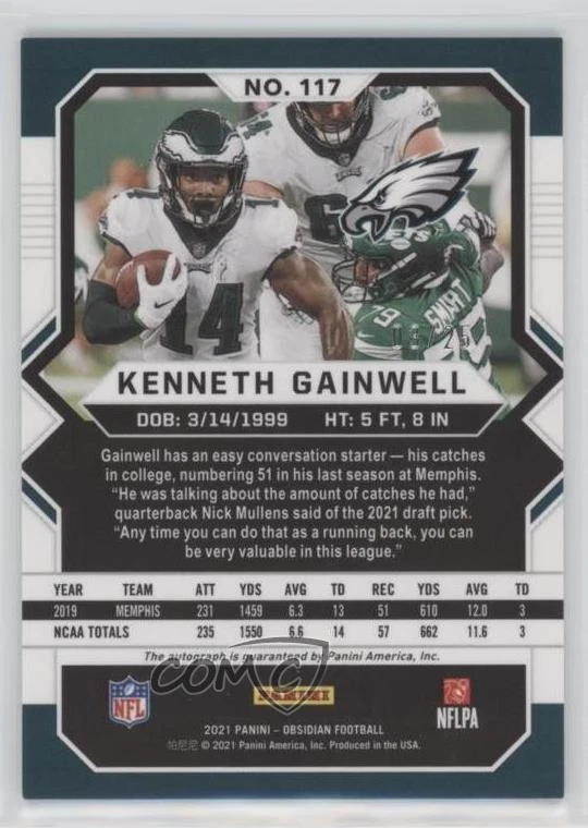 2021 Obsidian Rookies Electric Etch Yellow /25 Kenneth Gainwell Rookie Auto RC - Image 2 of 2