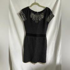 Tory Burch charcoal gray sequined wool dress with nude sheer slip lining size S