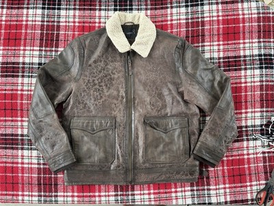 Lucky Brand Men s XL Brown Leather Bomber Jacket Shearling Collar Flight Aviator