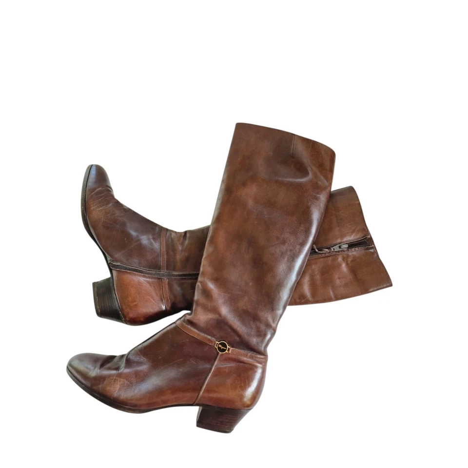 Botas Ferragamo Mujer Talla 7 B Hasta la Rodilla Marrón Cuero Italiano Lujo Clásicas  Foto 2 de 4