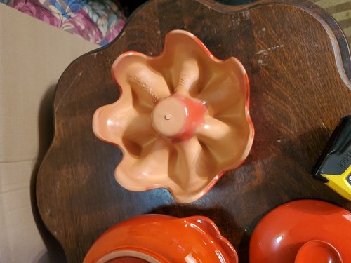 Vintage MCM Frankoma Flame Red Orange Bean/Fondu Pot, Lid, Votive Warmer 1960s - Picture 12 of 12