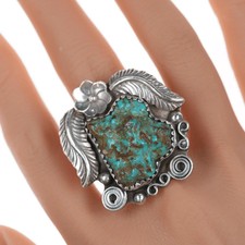 sz8-Adjustable Vintatage Navajo silver and turquoise ring.