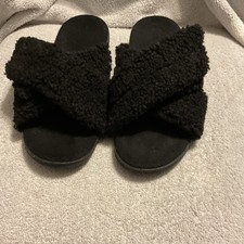 Vionic orthotic Women's Black Faux Fur Trim Slip-On Slippers adjustable strap