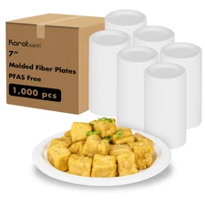 Karat Earth 7'' Paper Round Plates, PFAS Free, Molded Fiber, White - 1,000 pcs