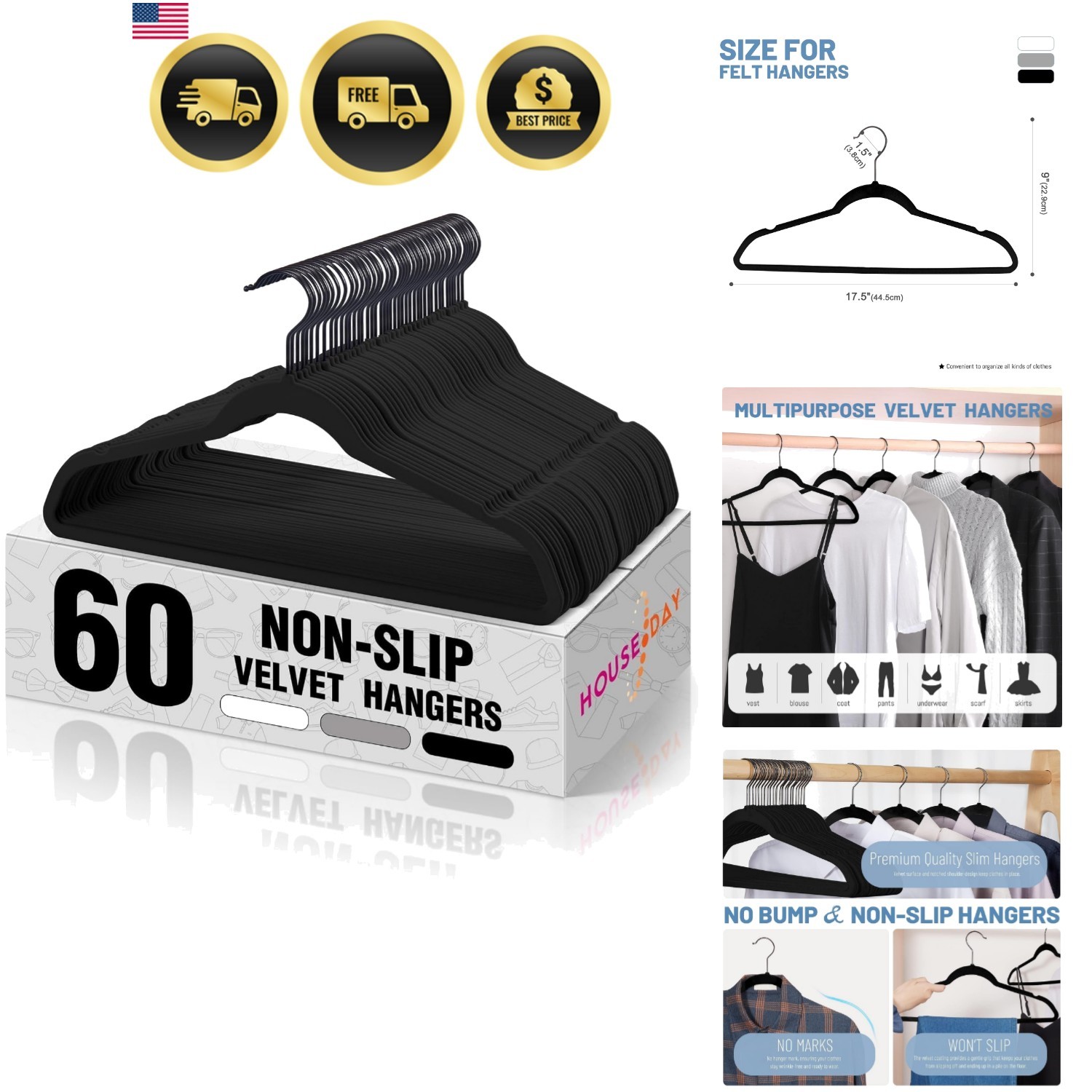 Velvet Hangers Black Slim Non Slip Closet Organizers 60 Pack-image