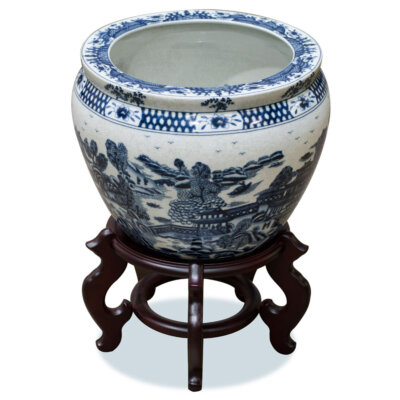 US Seller - 12 Inch Blue Canton Porcelain Chinese Fishbowl Planter