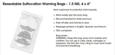 4"x6" 1.5 Mil Resealable Poly Bags w/ Suffocation Warning ~ 1000 Count ~ S-21687