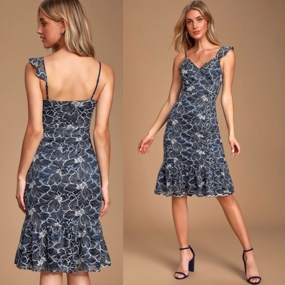 knee length dresses for ladies Blue Lace Embellished Midi Dress  self-portrait-US