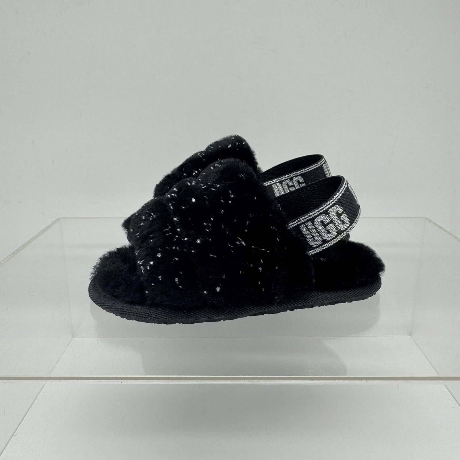 Nuovissimo sandalo UGG bambino Fluff YEAH Slide nero scintillante slingback taglia 9