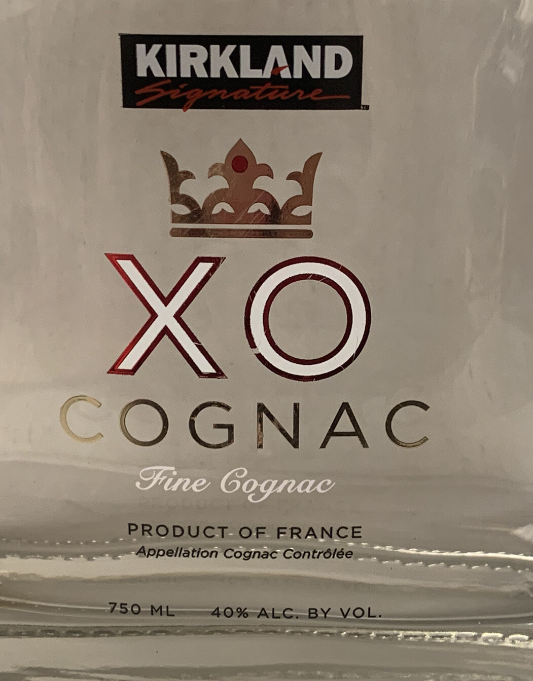 KIRKLAND XO French Cognac Empty Bottle Decanter 750ml Golden Cork Cap