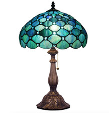 Tiffany Style Table Lamp Sea Blue Pearl Stained Glass Vintage Bedside Desk Light
