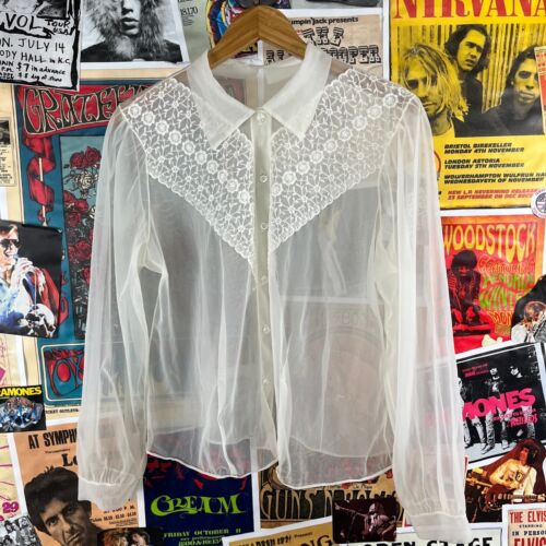 Vintage Women's 50s-60s Sheer White Floral Lace Blouse Size Medium - Picture 1 of 16