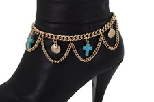 Women Gold Metal Boot Chain Bracelet Shoe Turquoise Cross Charm Western Jewelry