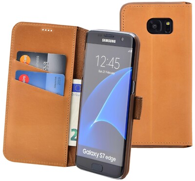 Hülle Book Ledertasche Tasche Case in Antik-Camel für Samsung Galaxy S7  Edge
