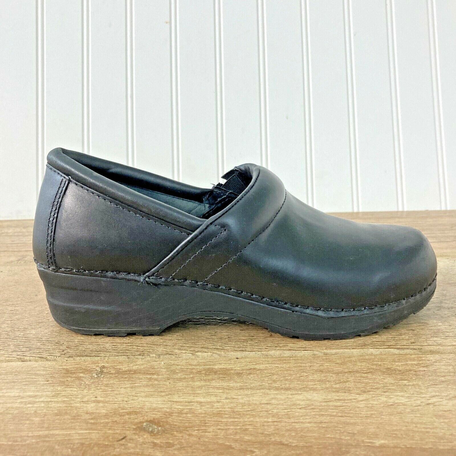 black leather nursing clogs