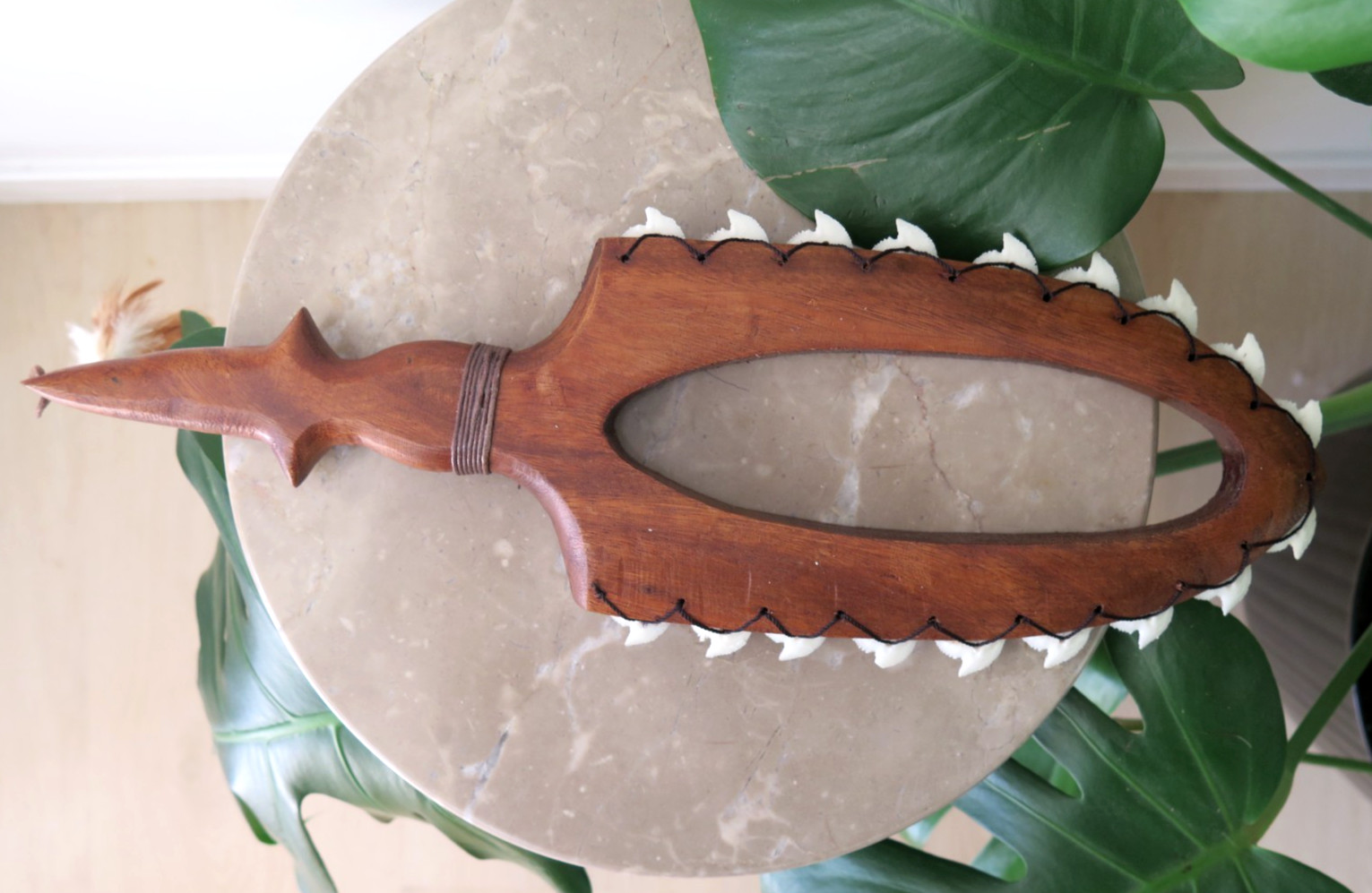 Hawaii Hand Made Wall Decor Wood Carved Lei O Mano Resin Shark Teeth Polynesian