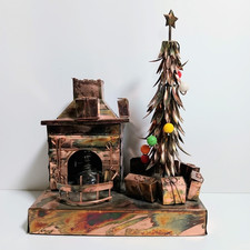 Music Box Copper Sankyo We Wish You A Merry Christmas Tree Fireplace Vintage