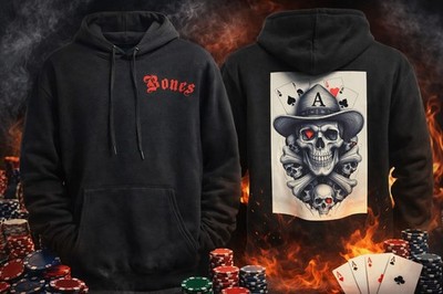 Bones Skull Poker Graphic Print Black Hooded Pullover Hoodie Men s Long Sleeve