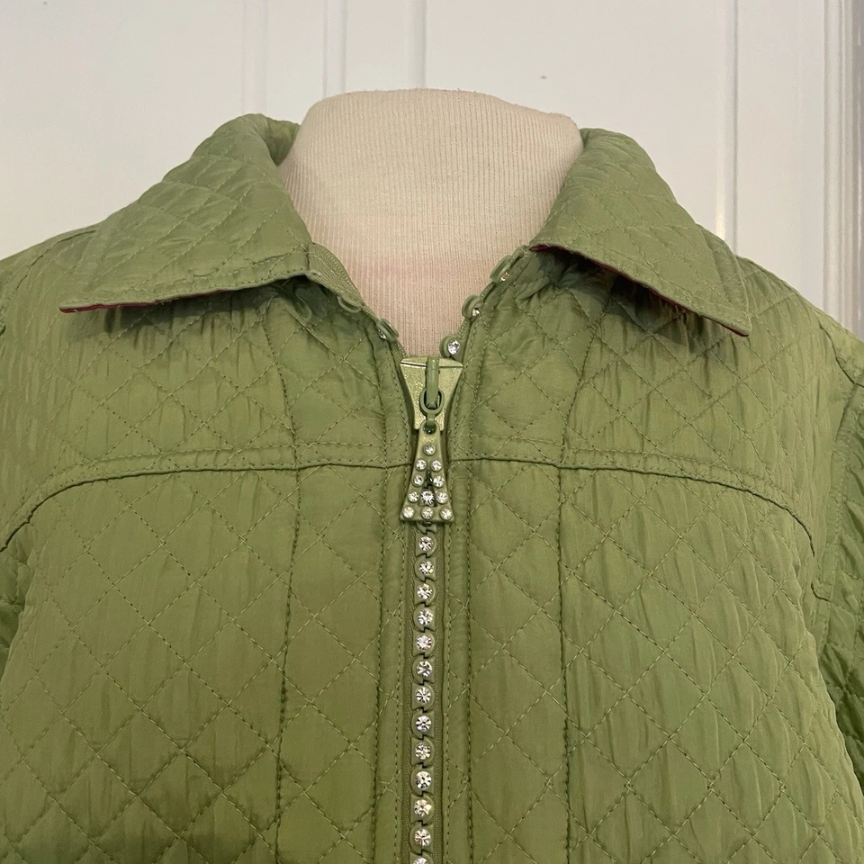 The Quacker Factory Quilted Jacket 1X Green/Pink 100% Silk Zip Embellished Coat - Image 2 of 4