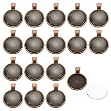 Pendant Trays with Glass Cabochons, 30 Sets 20mm Round Bezel Trays, Copper Tone