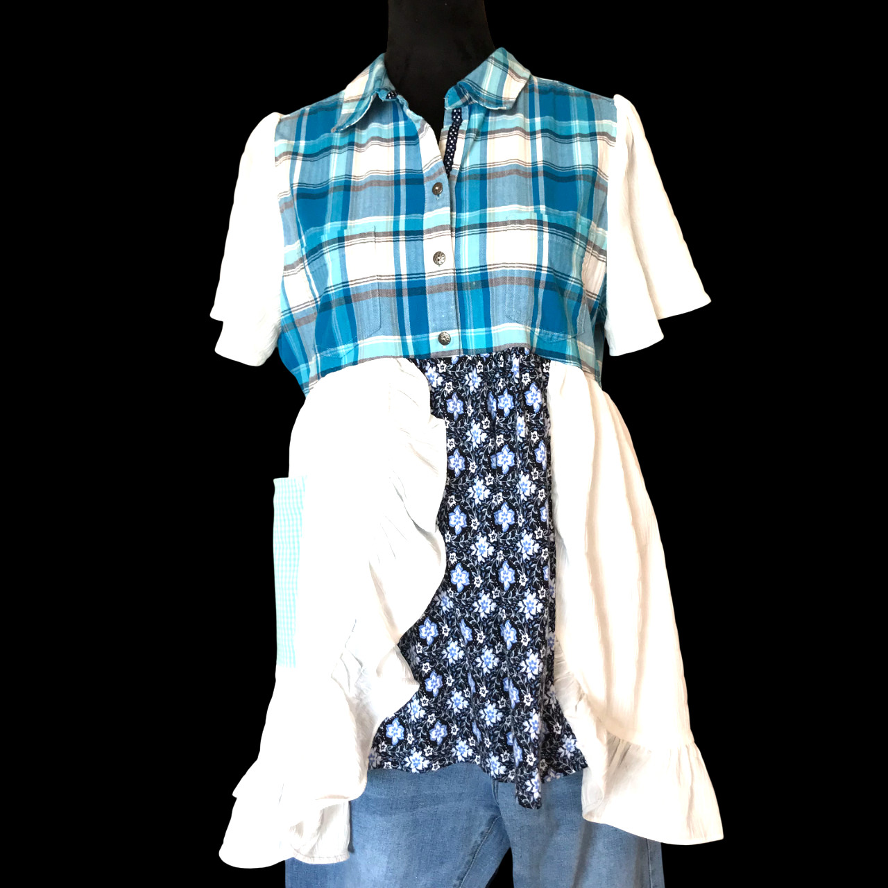 Upcycled Boho Patchwork Tunic, Ruffled Hippie Blo… - image 1