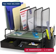 Mesh Desk Organizer with Sliding Drawer, Double Tray and 5 Upright Sections, Bla