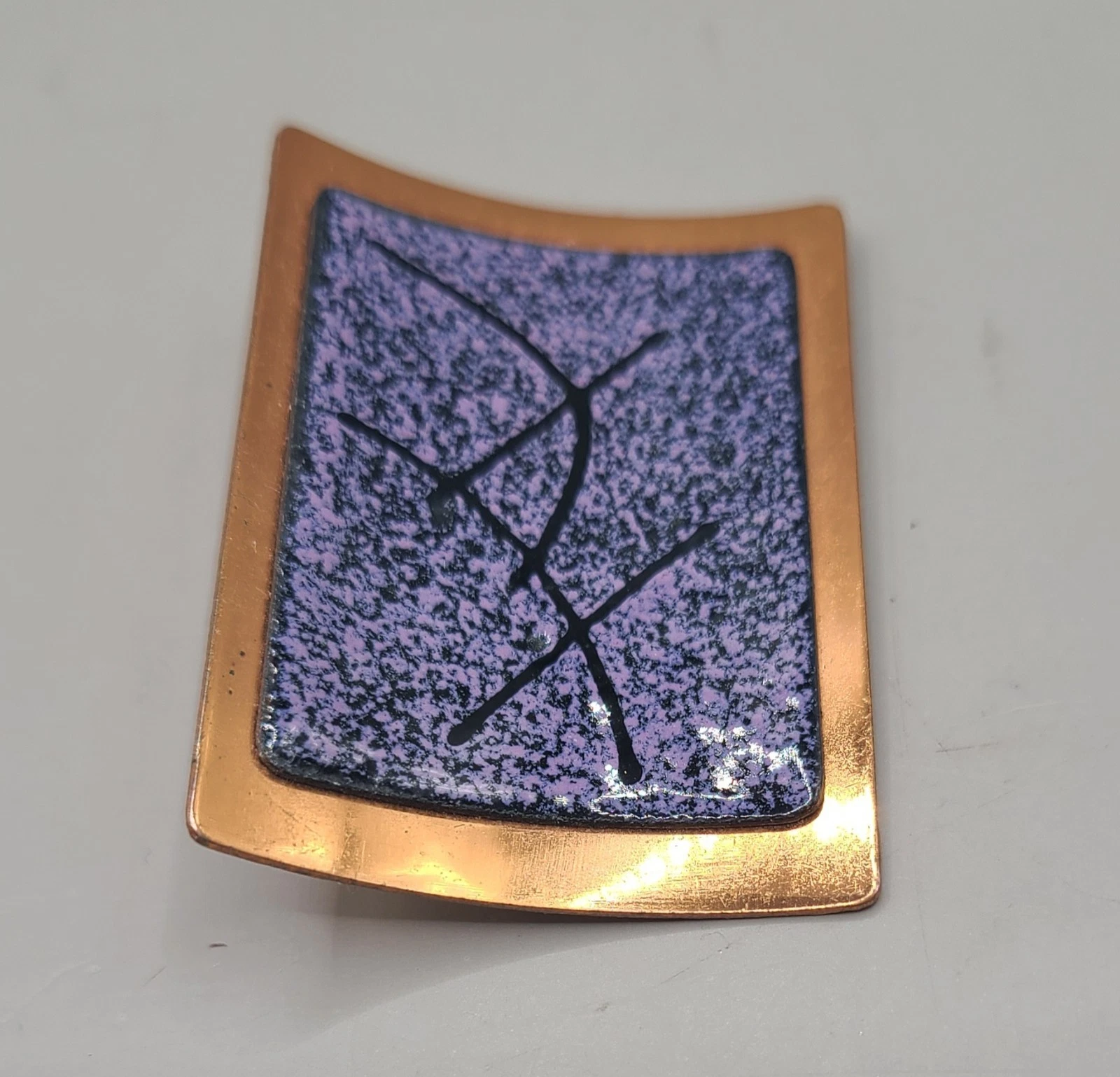 Vintage Copper Purple Black Enamel Rectangle 1 7/8" Curved Pin Brooch Unsigned