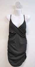 Ruched Stretch V Neck Sleeveless Spaghetti Strap Bodycon Mini Dress M Black