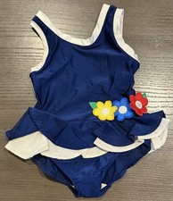Vintage Toddler Dark Blue Swimsuit With Flowers Ruffles 4T Made In Columbia T4