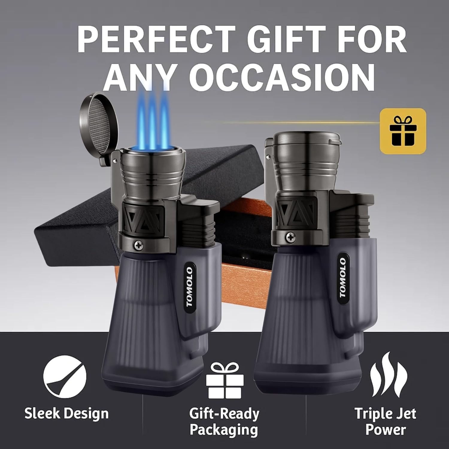 Compact Triple Jet Butane Lighters - Windproof & Refillable with Flame Control
