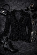 Vintage Black Sheer Lace Goth Top Medium Romantic Ruffle Mesh Statement