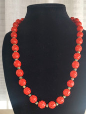 Hand Carved Red Cinnabar Beads w/ Small Cloisonn Bead Necklace 27" Long