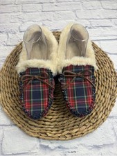 NWOT J. Crew Plaid Faux Fur Lined Moccasin Slippers - Red  Navy. Size 10.