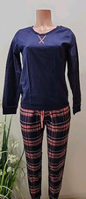 WOMANS Mnemo 100 Cotton Long Sleeve Pajama Set Size LARGE Blue  PINK Flannel