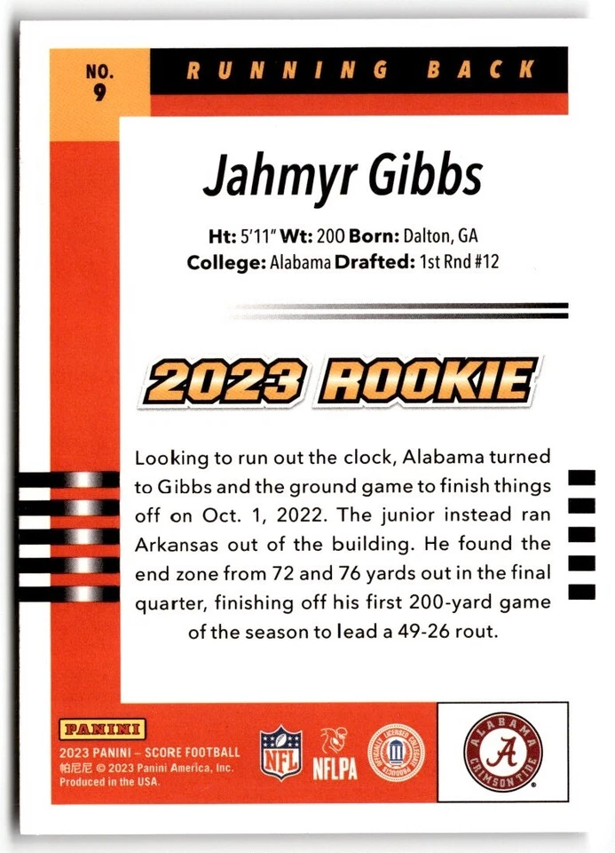 2023 Score 2003 Throwback Rookies Jahmyr Gibbs #9 Alabama Crimson Tide - Image 2 of 2
