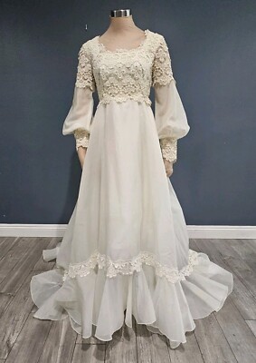 Vintage 70s Victorian Edwardian Inspired Ivory Lace Organza Wedding Dress XS/S | eBay Vintage 70s Victorian Edwardian Inspired Ivory Lace Organza Wedding Dress XS/S | eBay