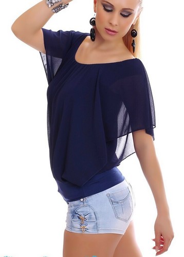 Sexy Miss Women Chiffon Pump Blouse Carmen Shirt Flatter Arm 34/36/38 TOP Navy - Picture 5 of 6
