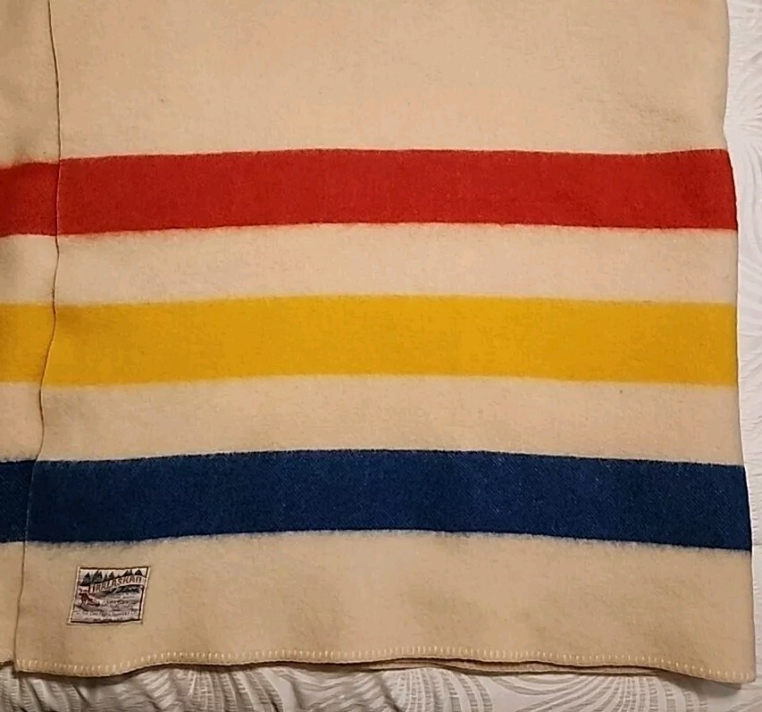Vtg ORRLASKAN 100% Pure Wool Blanket 3+3 Stripes Red Yellow Blue