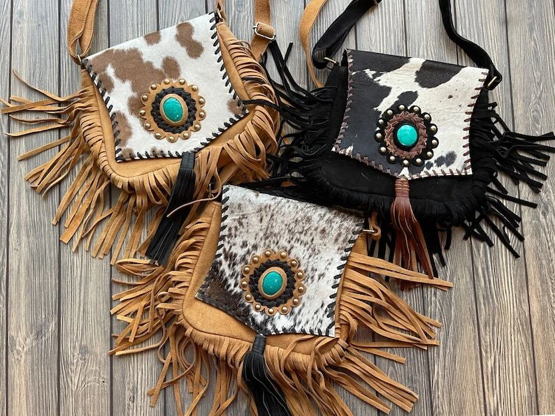 Turquoise Charm Western Cowhide Leather Fringe Design Crossbody