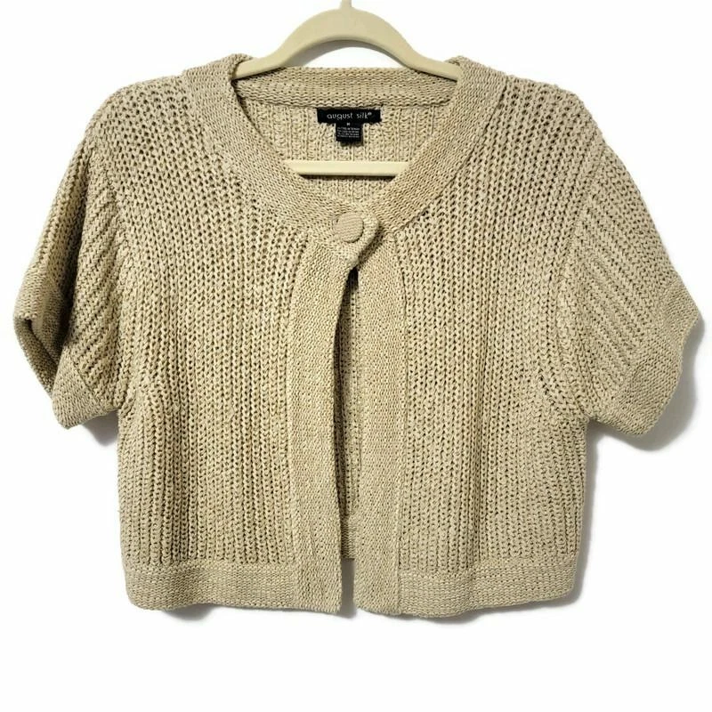 August Silk Knit 1 Button Short Sleeve Cardigan Beige Size Medium