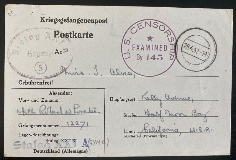 1942 Germany Stalag 21A Prisoner of War POW Postcard Cover to Halfmoon Bay Usa