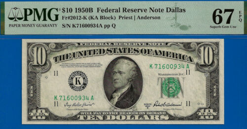 1950B $10 Federal Reserve Note PMG 67EPQ Dallas Top Pop