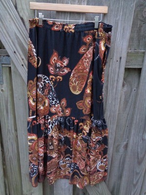 Buy Online NWT Antthony XL skirt floral paisley black brown tiered elastic waist Buy Online NWT Antthony XL skirt floral paisley black brown tiered elastic waist