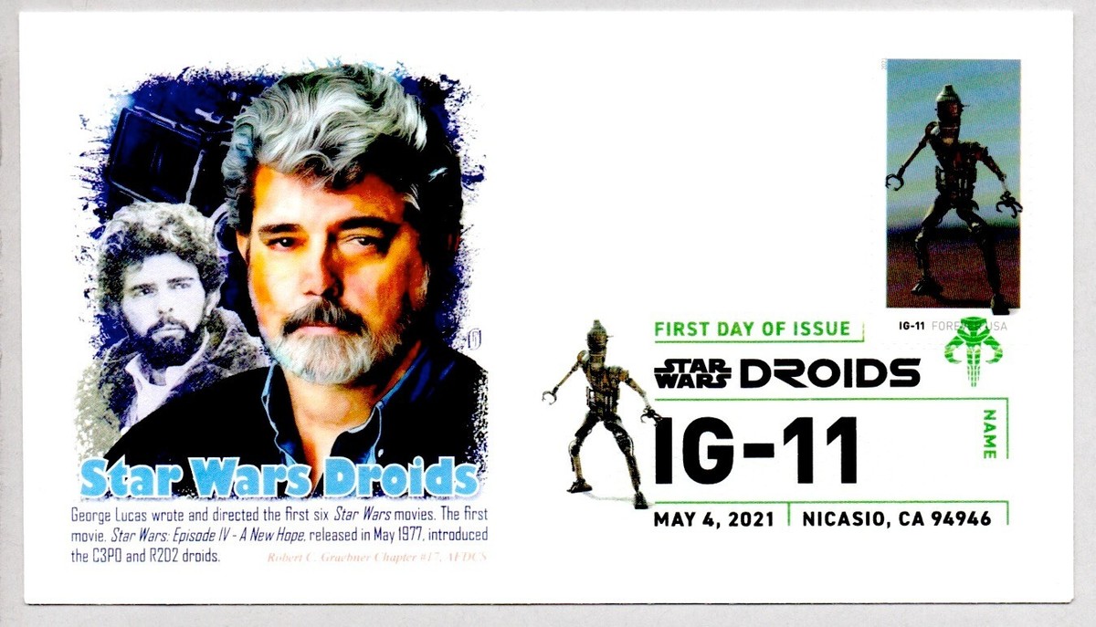 #5573 IG-11 STAR WARS DROIDS FIRST DAY OF ISSUE, GEORGE LUCAS, COLOR CANCEL  FDC