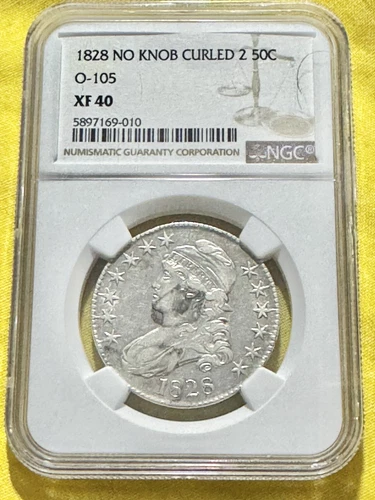 1828 NGC XF40 CURLED 2 NO KNOB O-105 R5 Capped Bust Half Dollar