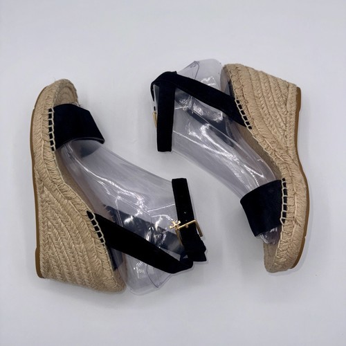 TORY BURCH Laurel Sandals Women’s Size 6 Black Leather Wedge Espadrilles - Picture 8 of 12