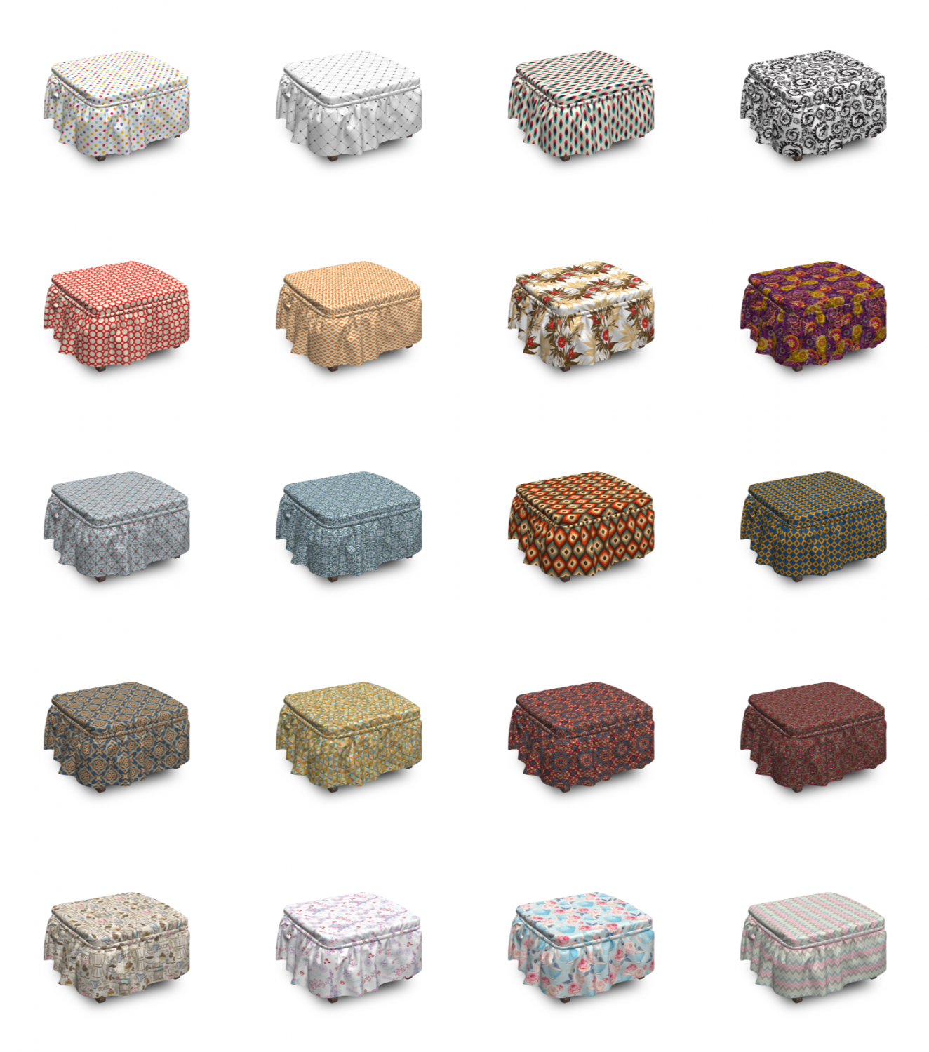 Ambesonne Vintage Details Ottoman Cover 2 Piece Slipcover Set and Ruffle Skirt