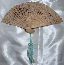 Vintage Wooden Asian Fan Etched Cut Outs W/ Glass Top Box