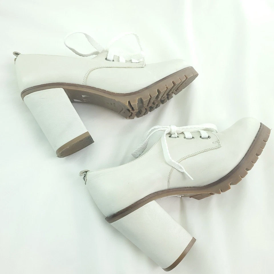 Topshop Womens White Leather Round Toe Lace Up Block Platform Heels Size 7 - Image 4 of 4